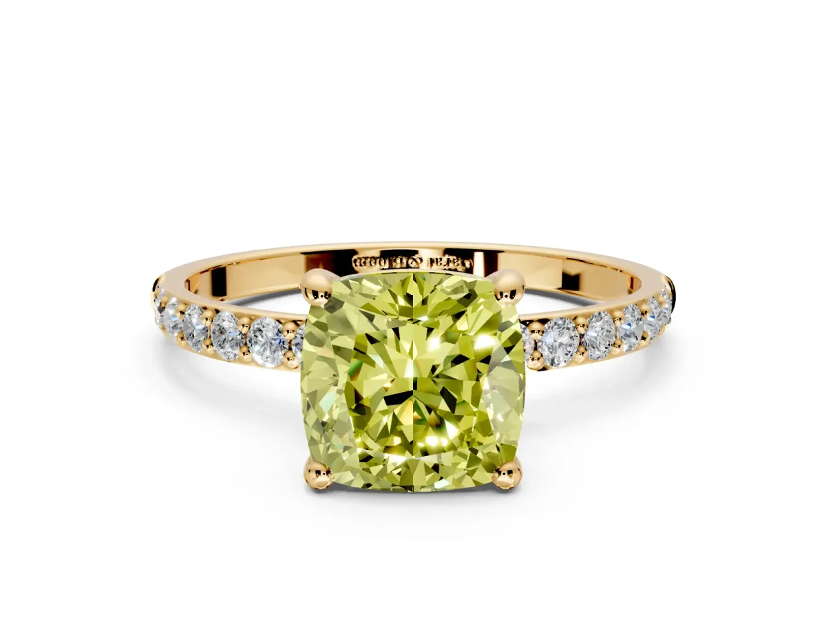 Solitaire Engagement Ring Setting for Fancy Yellow Cushion Cut Center with Pave Accents and Prong Head in Yellow Gold