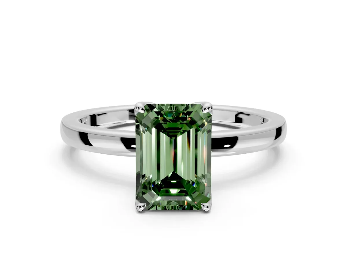 Solitaire Engagement Ring Setting for Fancy Green Emerald Cut Center with Thin Rounded Plain Band and Prong Head in Sterling Silver