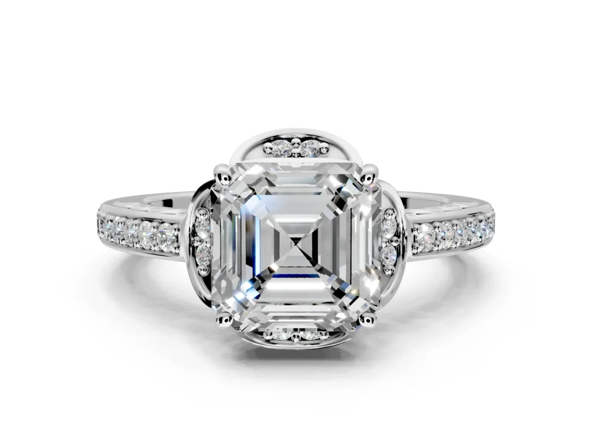 Floral Engagement Ring Setting for Asscher Cut Center with Four Accent Clusters and Prong Head in Platinum