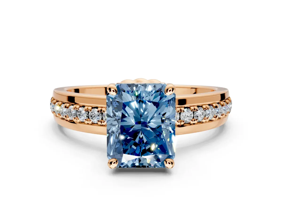 Solitaire Engagement Ring Setting for Fancy Blue Radiant Cut Center with Raised Channel Band and Prong Head in Rose Gold