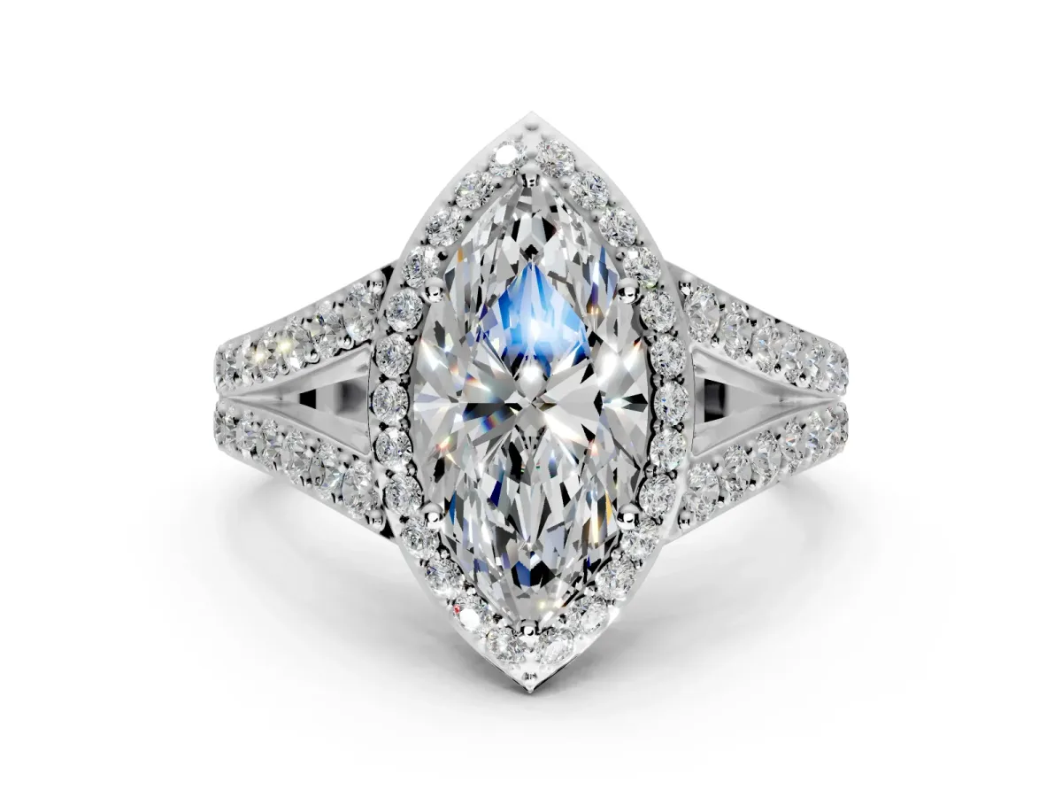 Halo Engagement Ring Setting for Marquise Center with Narrow Pave Split Shank and Prong Head in Platinum