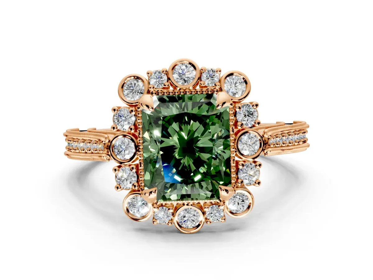 Milgrain Halo Engagement Ring Setting for Fancy Green Radiant Cut Center with Bezel Point Accents and Prong Head in Rose Gold