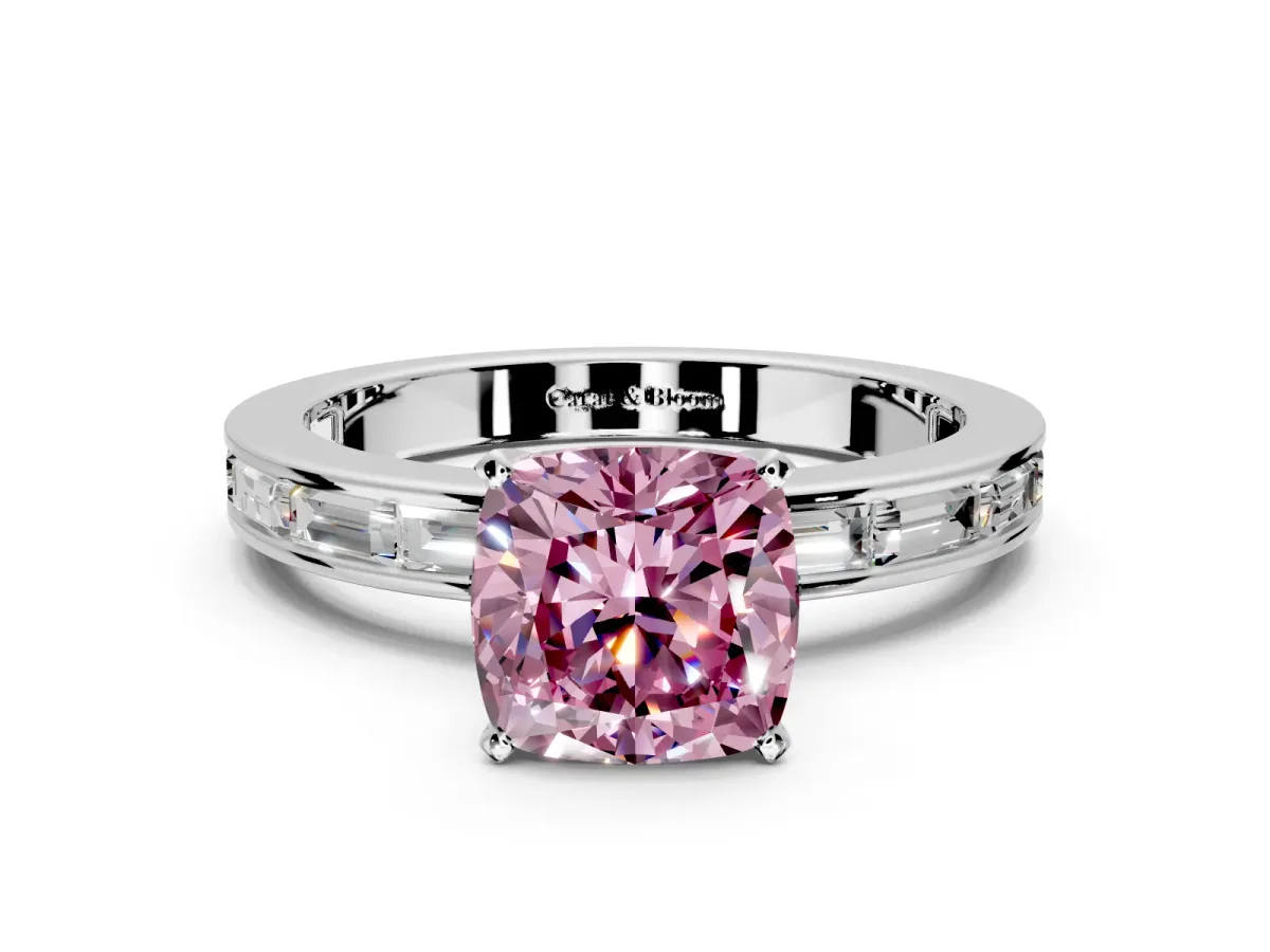 Solitaire Engagement Ring Setting for Fancy Pink Cushion Cut Center with Channel Baguette Band and Prong Head in Sterling Silver