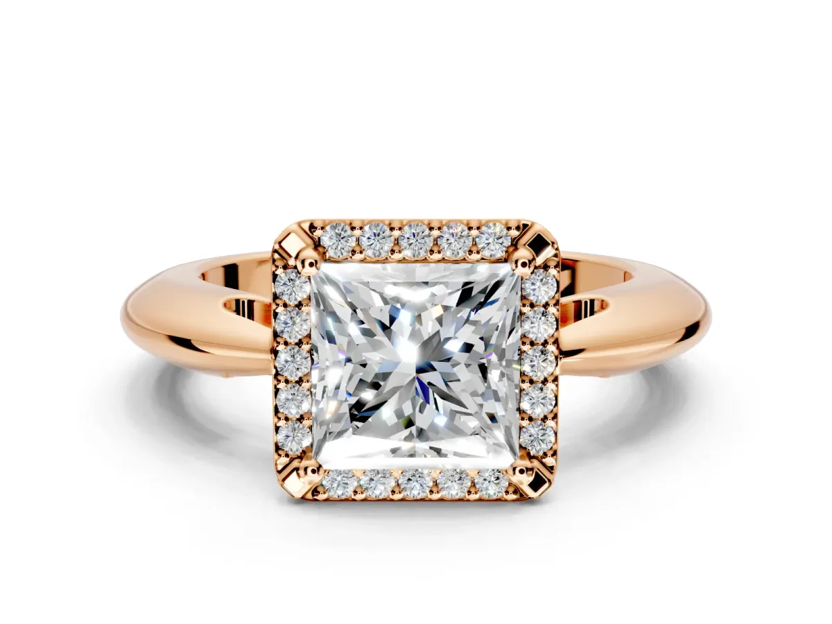 Halo Engagement Ring Setting for Princess Cut Center with Tapered Plain Band and Prong Head in Rose Gold