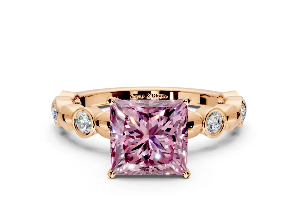 Solitaire Engagement Ring Setting for Fancy Pink Princess Cut Center with Beaded Bezel Station Band and Prong Head in Rose Gold