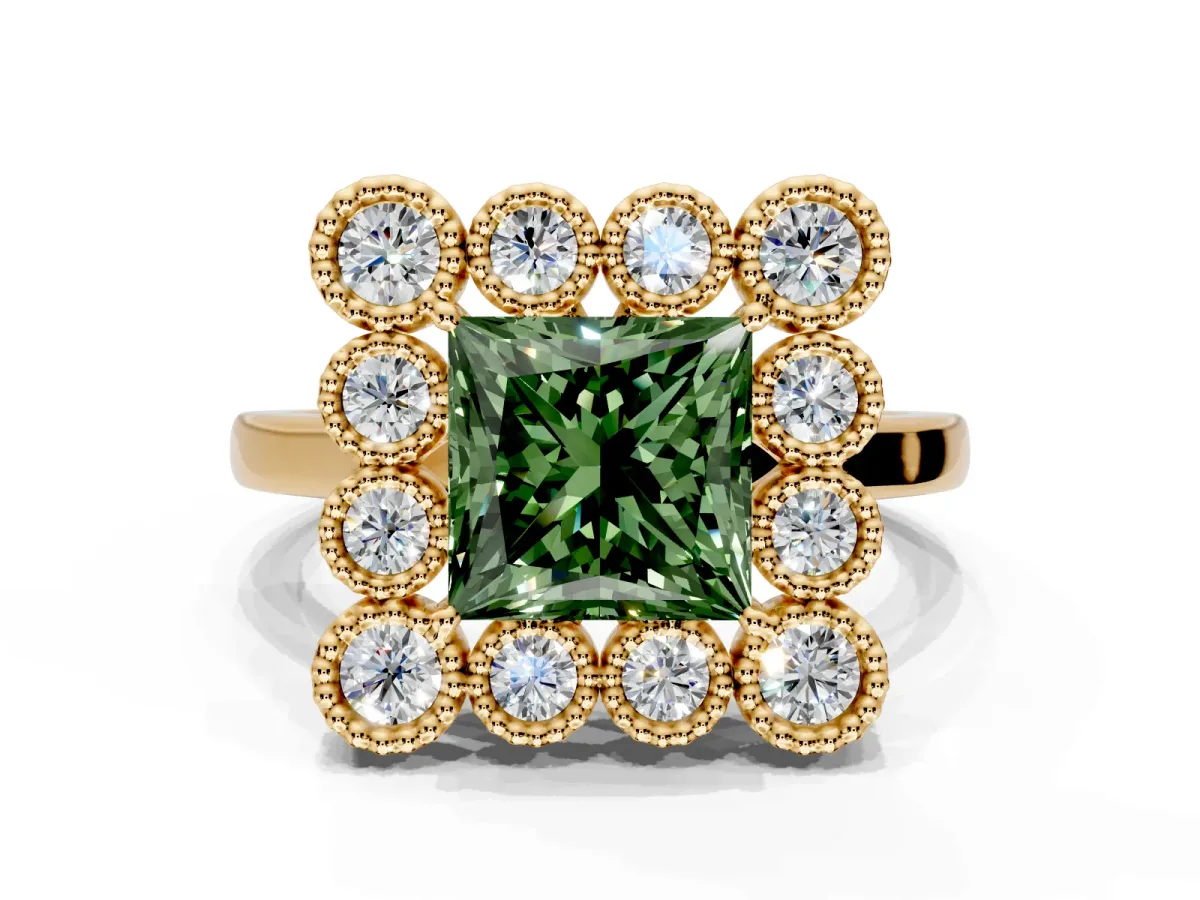 Cluster Halo Engagement Ring Setting for Fancy Green Princess Cut Center with Milgrain Bezel Accents and Prong Head in Yellow Gold