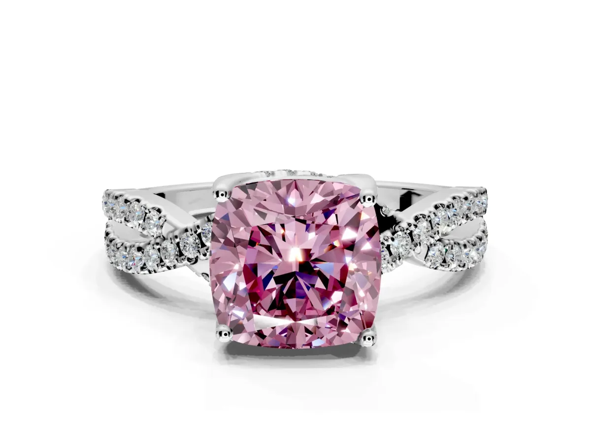 Solitaire Engagement Ring Setting for Fancy Pink Cushion Cut Center with Narrow Twist Pave Band and Prong Head in White Gold