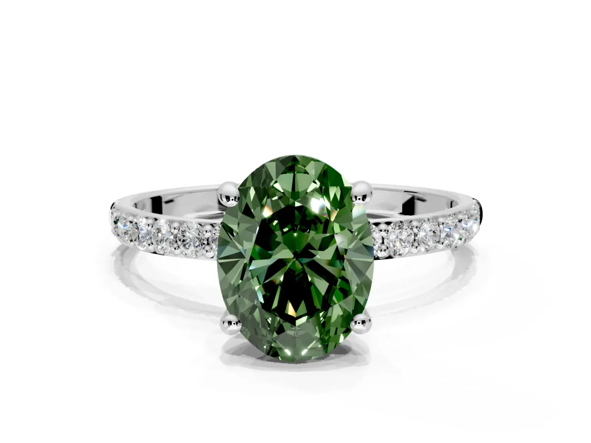 Solitaire Engagement Ring Setting for Fancy Green Oval Center with Pave Accents and Prong Head in Sterling Silver