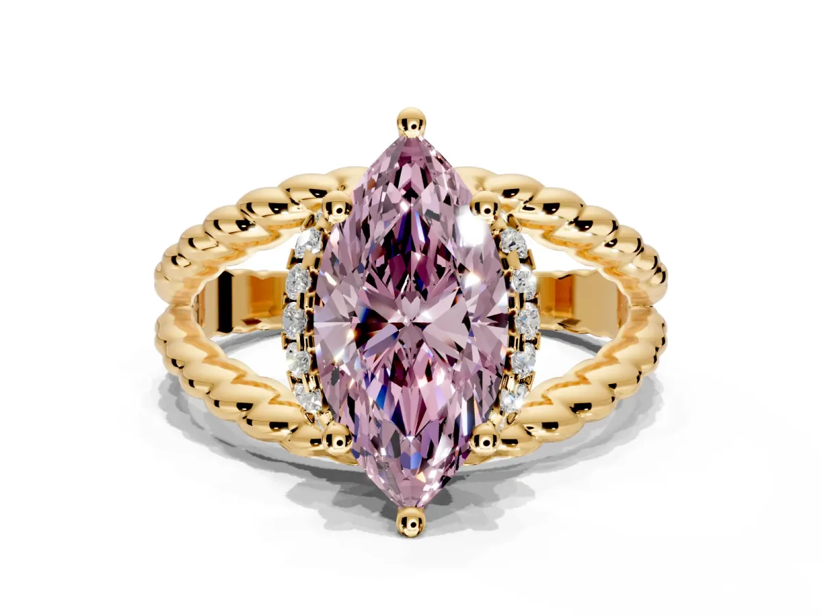 Halo Engagement Ring Setting for Fancy Pink Marquise Center with Rope Twist Split Shank and Prong Head in Yellow Gold