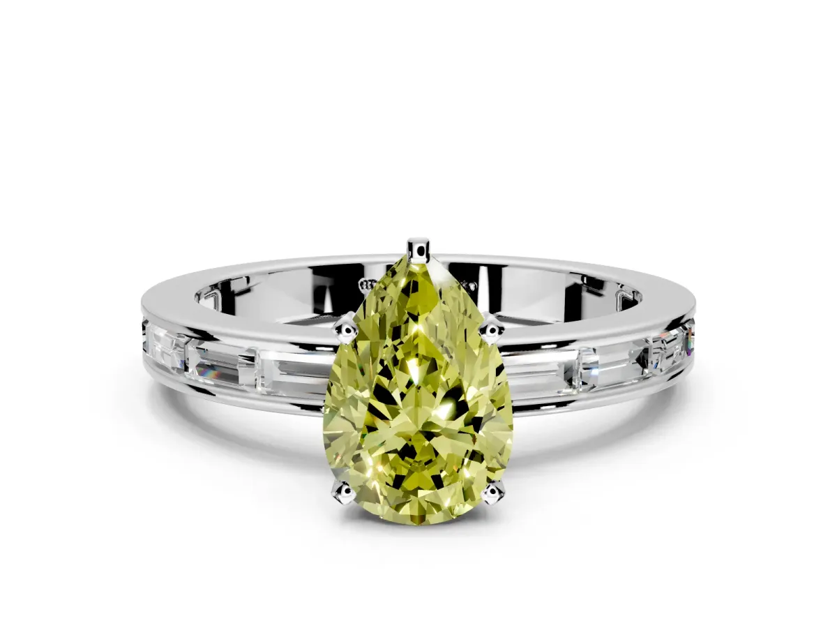 Solitaire Engagement Ring Setting for Fancy Yellow Pear-Shaped Center with Channel Baguette Band and Prong Head in Platinum