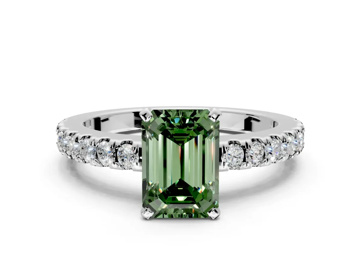 Solitaire Engagement Ring Setting for Fancy Green Emerald Cut Center with Single Row Accent Band and Prong Head in Platinum