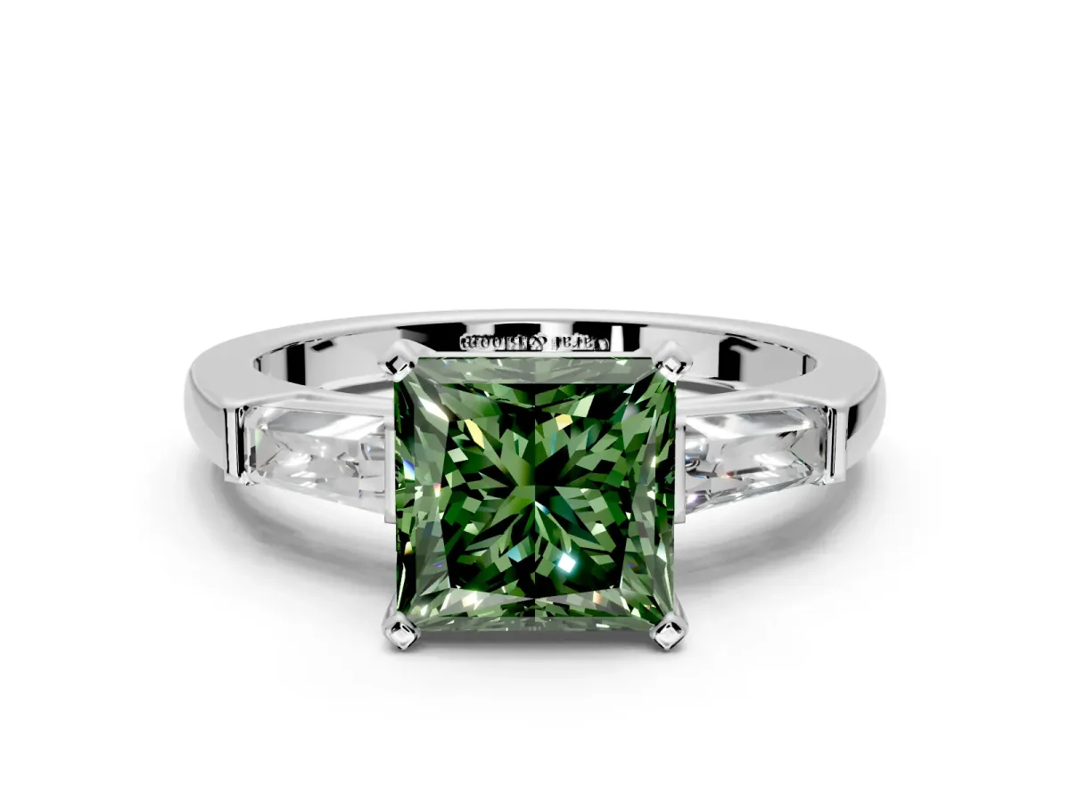 3 Stone Engagement Ring Setting for Fancy Green Princess Cut Center with Tapered Baguettes, Plain Band and Prong Head in Platinum