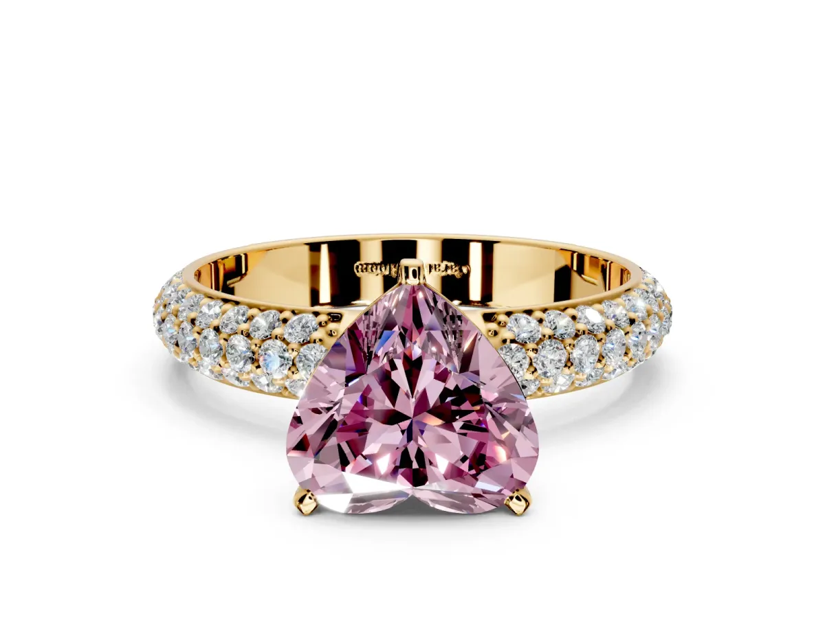 Solitaire Engagement Ring Setting for Fancy Pink Heart-Shaped Center with Domed Multi-Row Pave Band and Prong Head in Yellow Gold