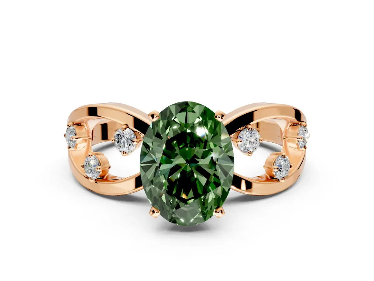 Solitaire Engagement Ring Setting for Fancy Green Oval Center with Criss-Cross Accent Band and Prong Head in Rose Gold