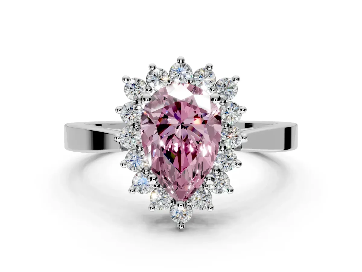 Starburst Halo Engagement Ring Setting for Fancy Pink Pear-Shaped Center with Flat Cathedral Band and Prong Head in White Gold