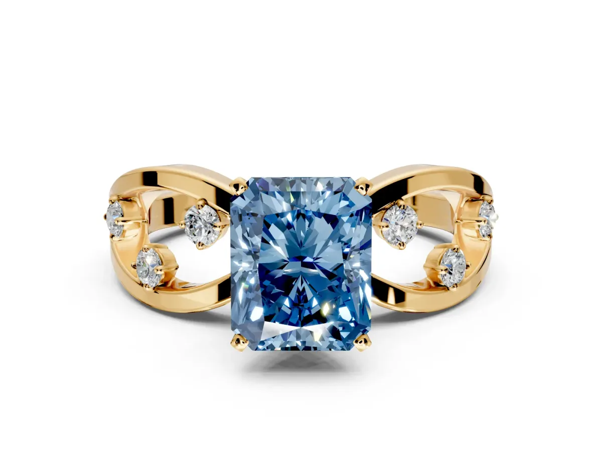 Solitaire Engagement Ring Setting for Fancy Blue Radiant Cut Center with Criss-Cross Accent Band and Prong Head in Yellow Gold