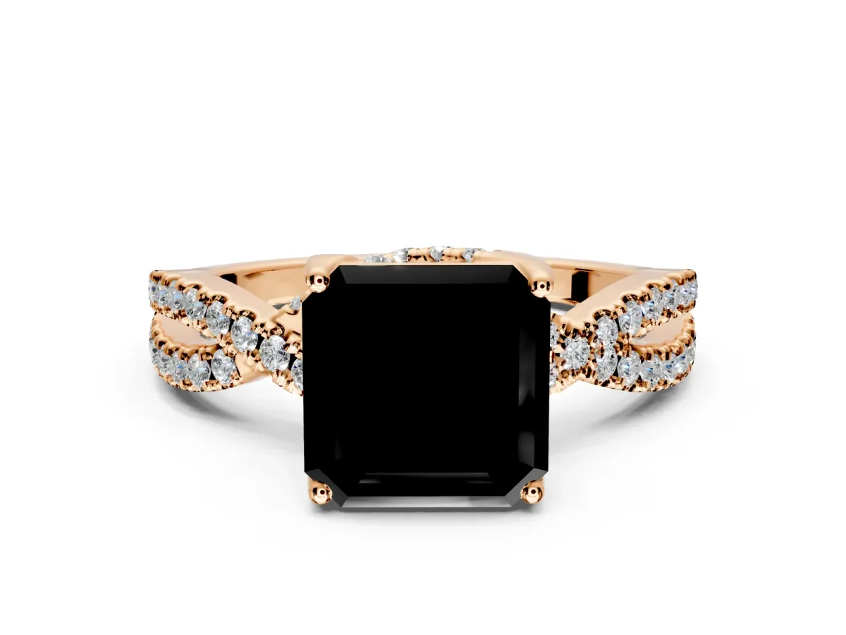 Solitaire Engagement Ring Setting for Fancy Black Asscher Cut Center with Narrow Twist Pave Band and Prong Head in Rose Gold