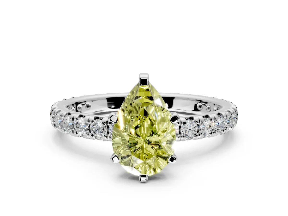 Solitaire Engagement Ring Setting for Fancy Yellow Pear-Shaped Center with Shared-Prong Accents and Prong Head in White Gold