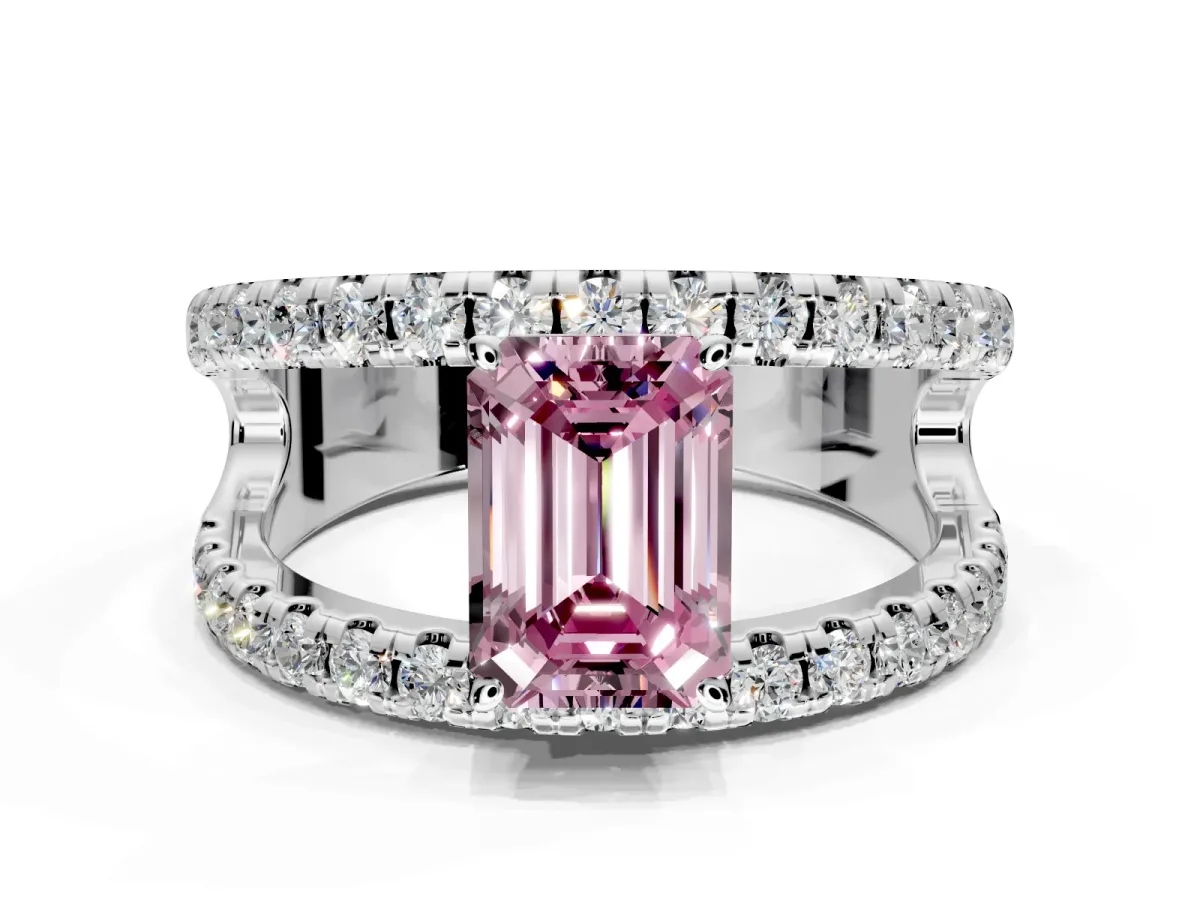 Solitaire Engagement Ring Setting for Fancy Pink Emerald Cut Center with Wide-Open Split Shank and Prong Head in Platinum