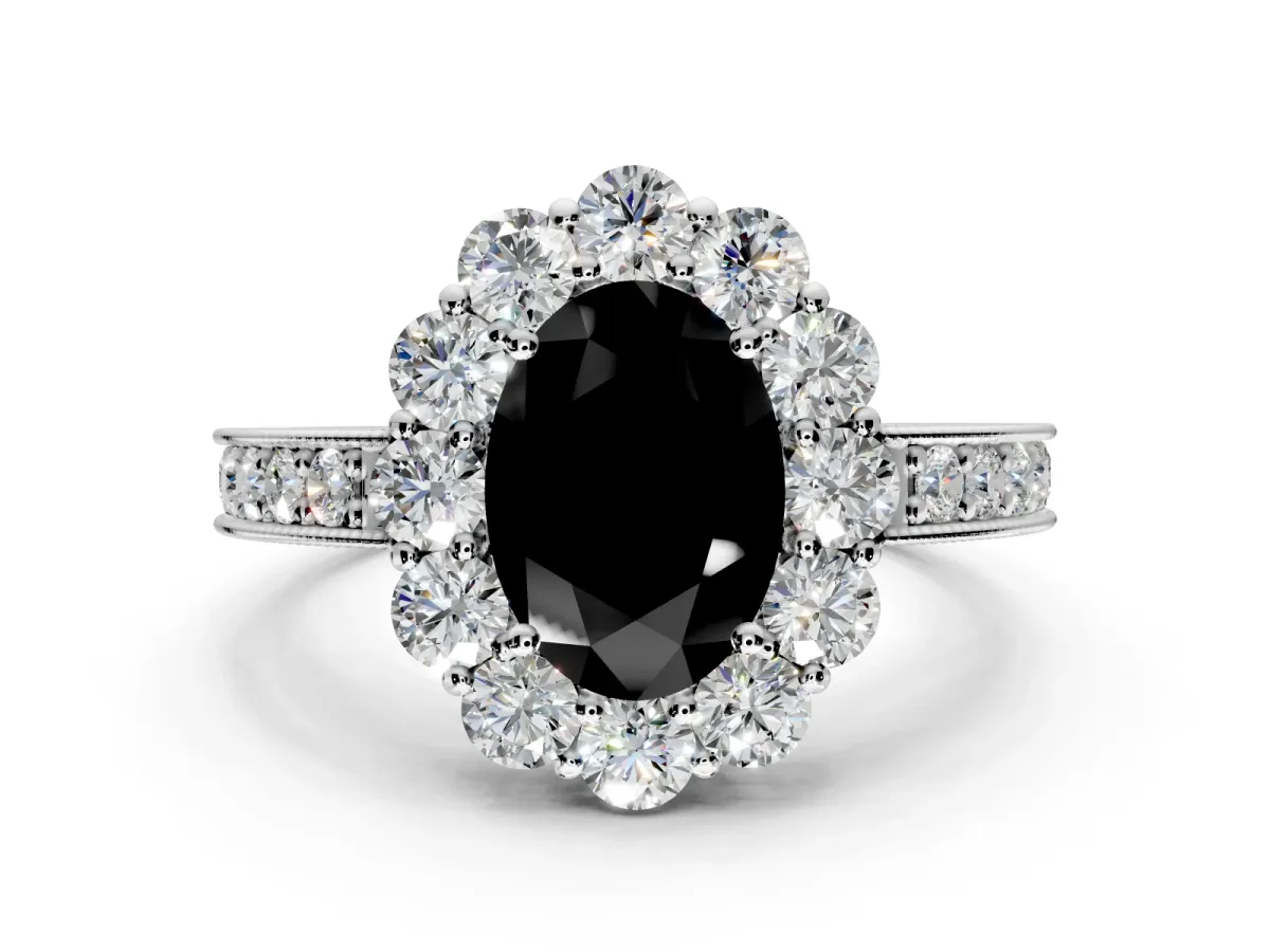 Halo Engagement Ring Setting for Fancy Black Oval Center with Milgrain Channel Band and Prong Head in White Gold