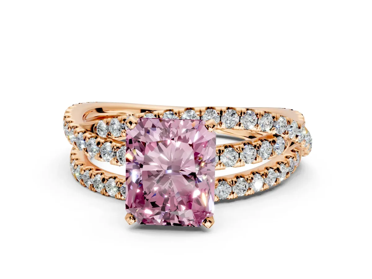 Solitaire Engagement Ring Setting for Fancy Pink Radiant Cut Center with Woven 3-Strand Pave Band and Prong Head in Rose Gold