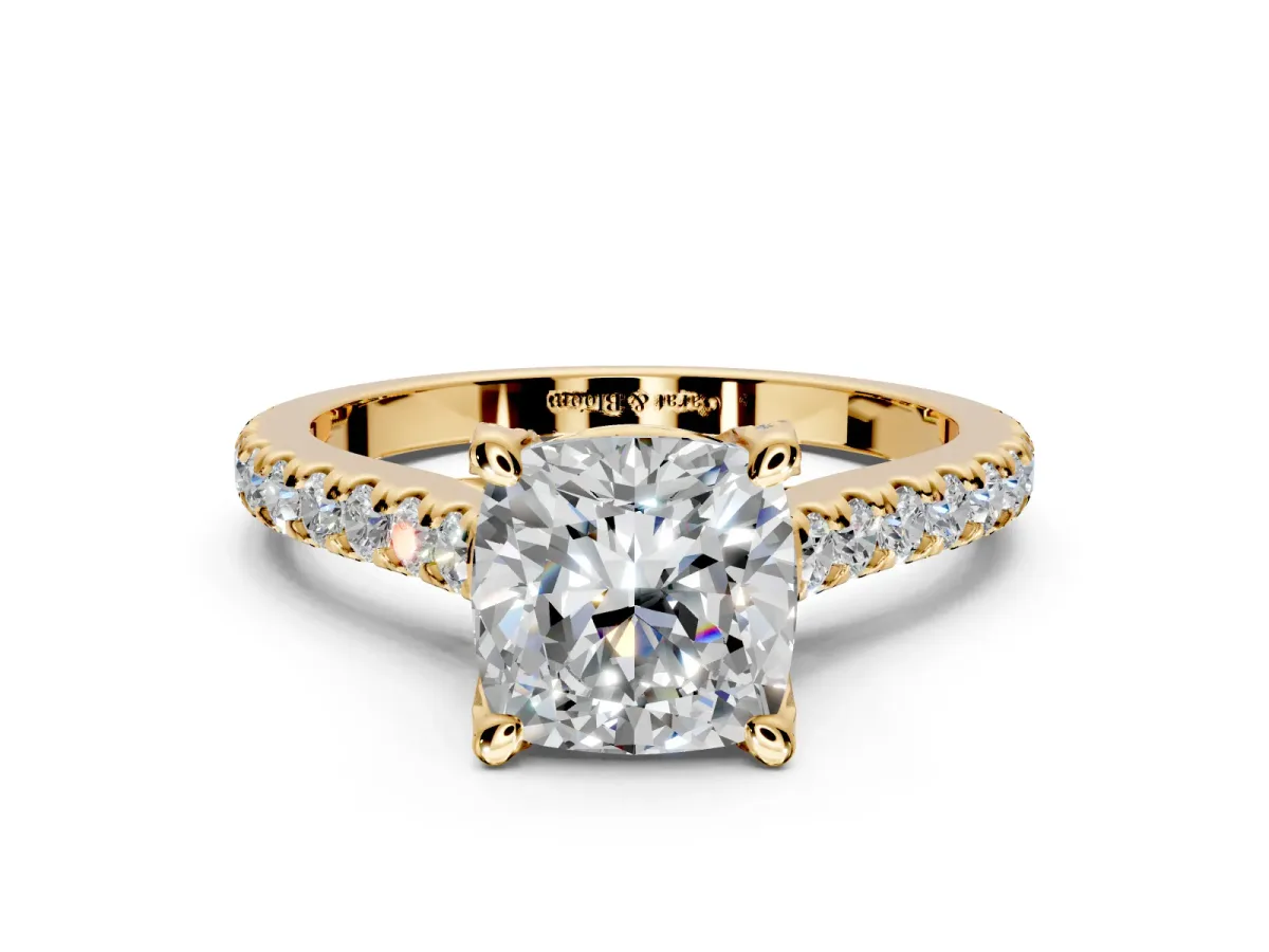 Solitaire Engagement Ring Setting for Cushion Cut Center with Widening Pave Band and Claw Prong Head in Yellow Gold