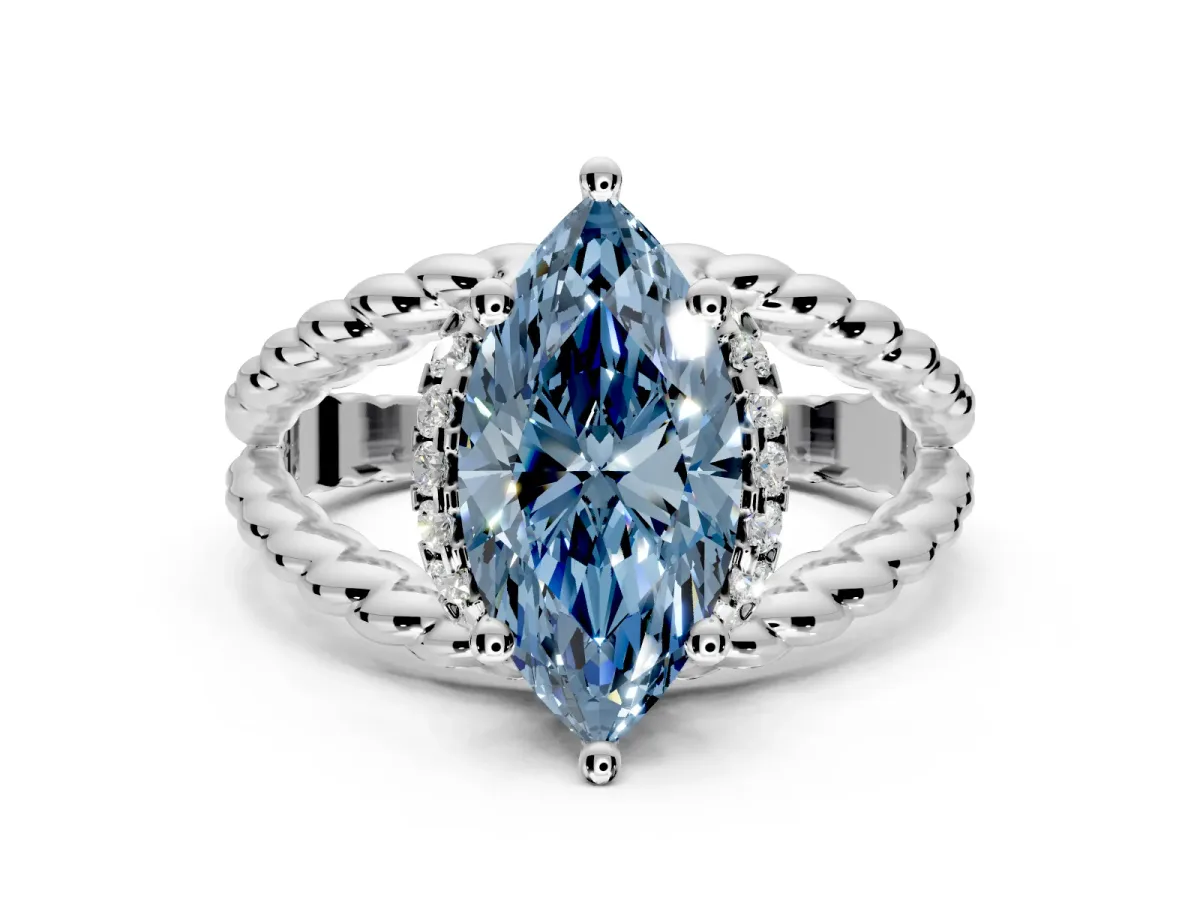 Halo Engagement Ring Setting for Fancy Blue Marquise Center with Rope Twist Split Shank and Prong Head in Platinum