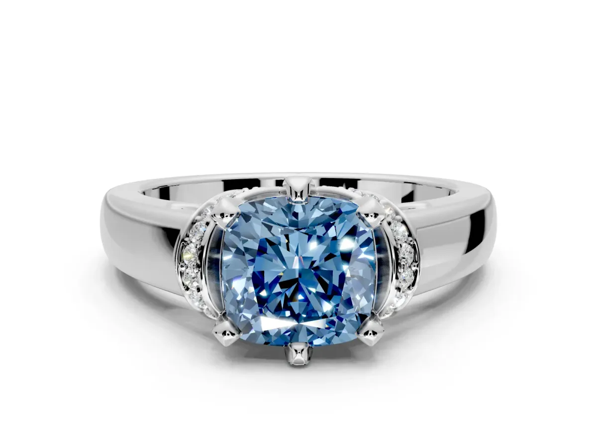 Solitaire Engagement Ring Setting for Fancy Blue Cushion Cut Center with Wide Band, Pave Collar and Prong Head in Sterling Silver