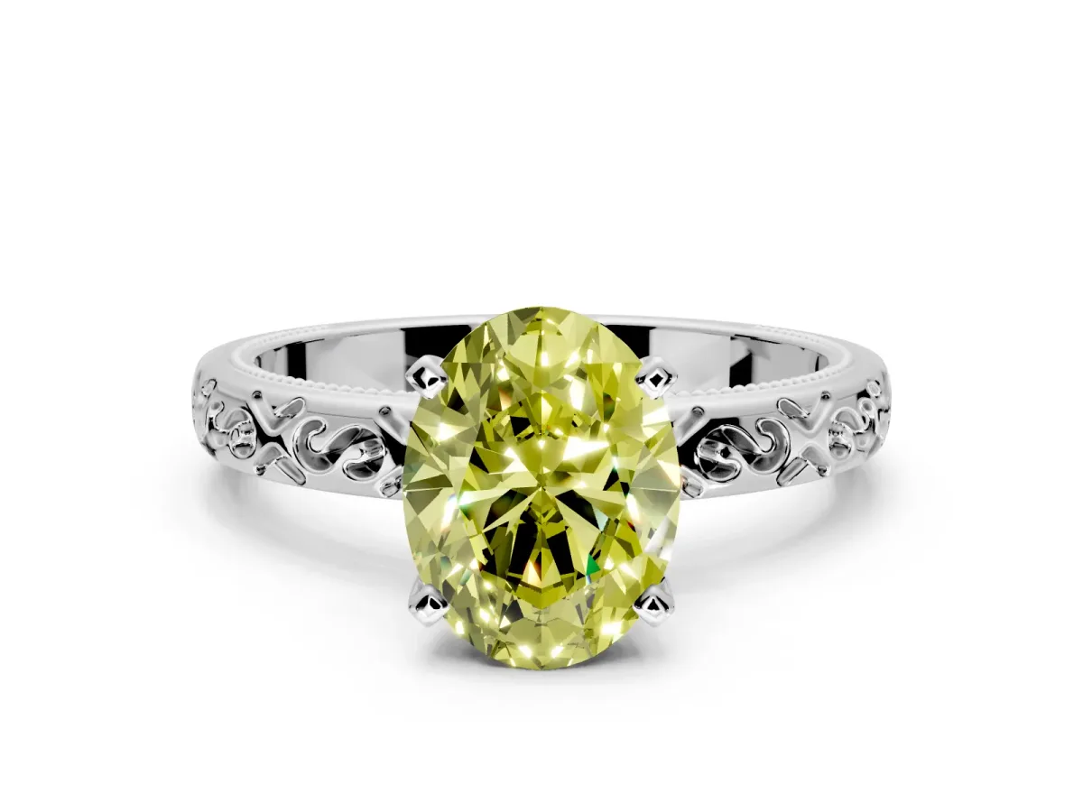 Solitaire Engagement Ring Setting for Fancy Yellow Oval Center with Scrollwork Band and Prong Head in Platinum