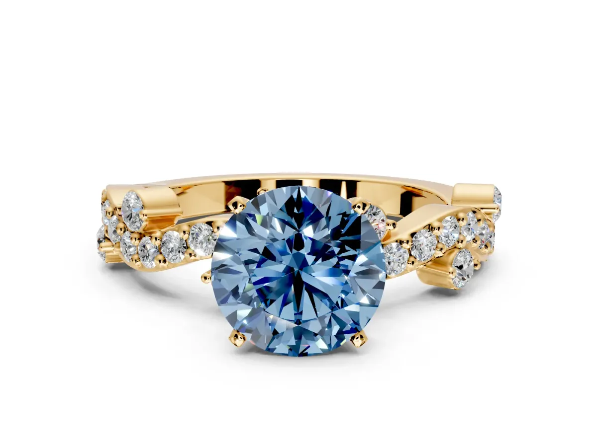 Solitaire Engagement Ring Setting for Fancy Blue Round Cut Center with Bar-Station Pave Twist and Prong Head in Yellow Gold