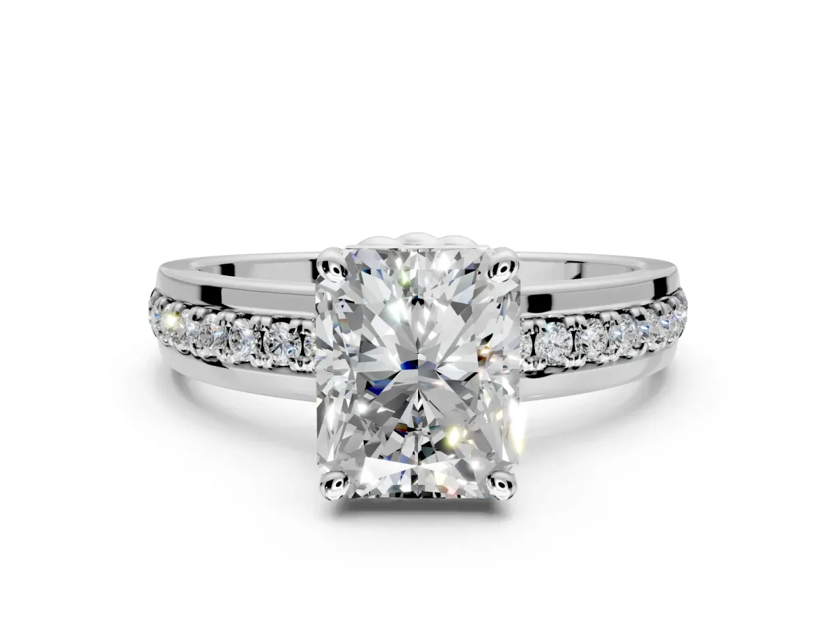 Solitaire Engagement Ring Setting for Radiant Cut Center with Raised Channel Band and Prong Head in Sterling Silver