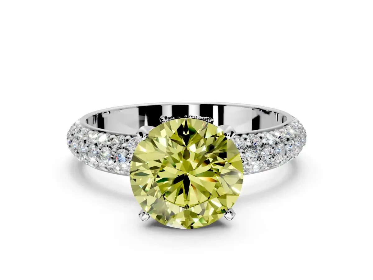 Solitaire Engagement Ring Setting for Fancy Yellow Round Cut Center with Domed Multi-Row Pave Band and Prong Head in Sterling Silver