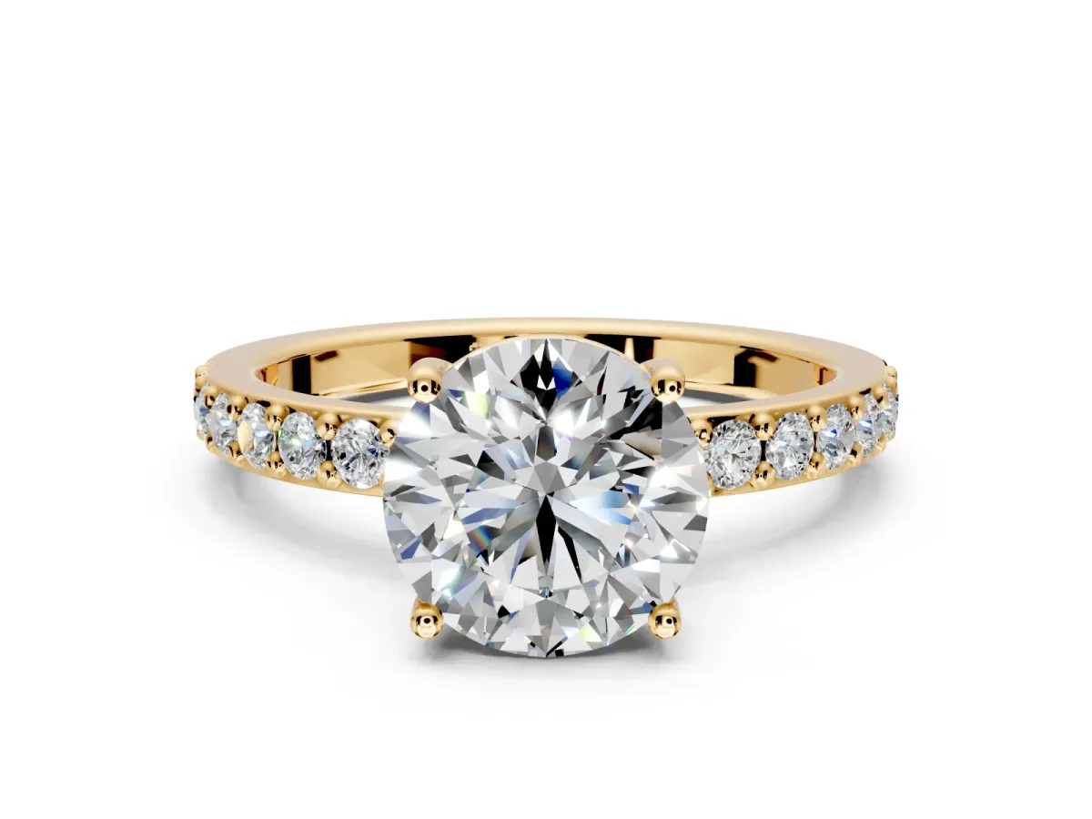 Solitaire Engagement Ring Setting for Round Cut Center with Round Cut Pave Band and Prong Head in Yellow Gold
