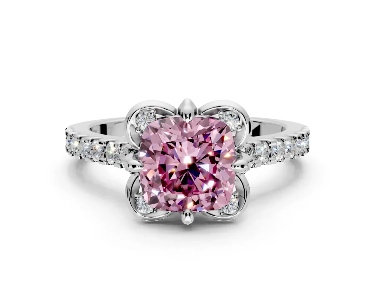 Floral Engagement Ring Setting for Fancy Pink Cushion Cut Center with Pave Band and Floral Prong Head in Platinum