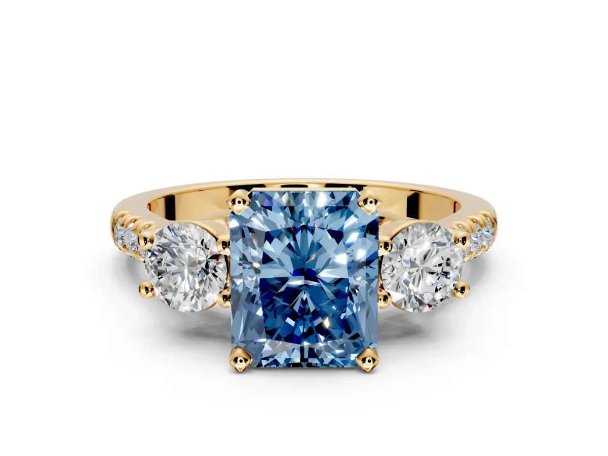 3 Stone Engagement Ring Setting for Fancy Blue Radiant Cut Center with Crossover Basket, Pave Band and Prong Head in Yellow Gold