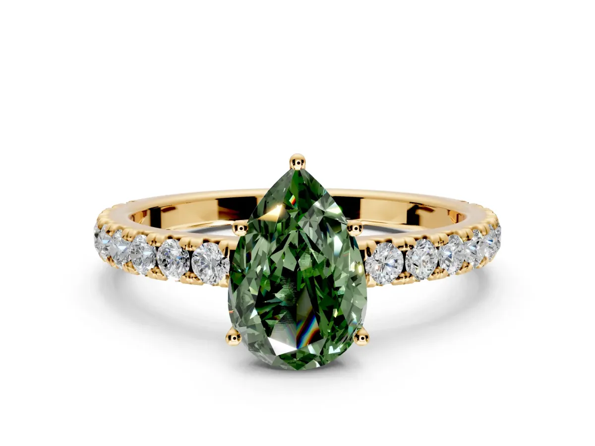 Solitaire Engagement Ring Setting for Fancy Green Pear-Shaped Center with Large Accent Band and Prong Head in Yellow Gold