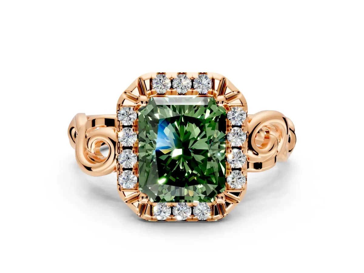 Halo Engagement Ring Setting for Fancy Green Radiant Cut Center with Open Scroll Shoulders and Prong Head in Rose Gold