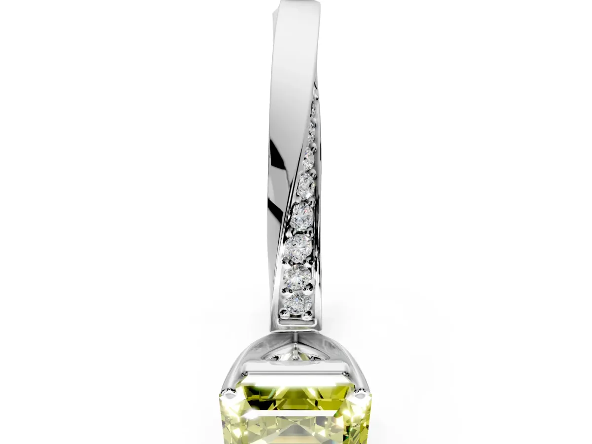 Side Accent Engagement Ring Setting for Fancy Yellow Asscher Cut Center with Accent Shoulders and Prong Head in White Gold