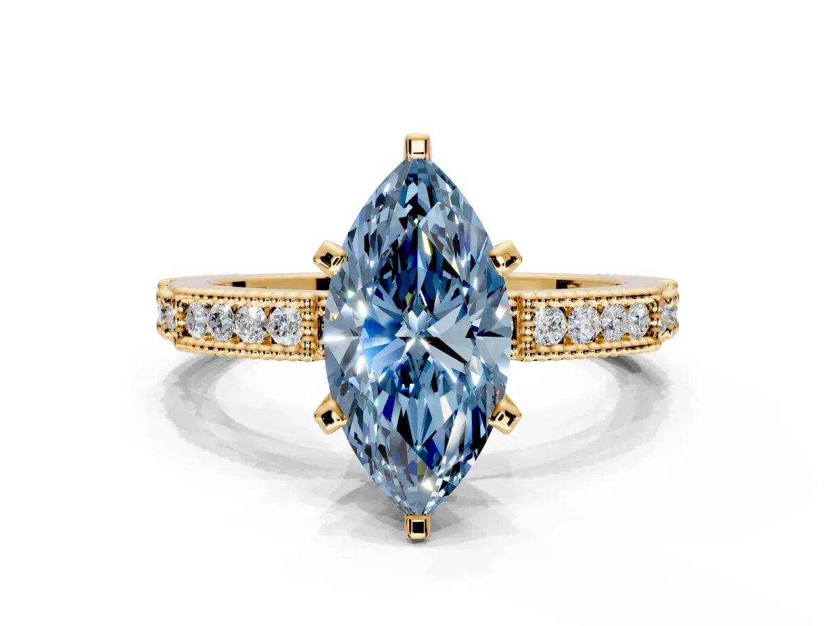 Solitaire Engagement Ring Setting for Fancy Blue Marquise Center with Milgrain-Edged Pave Band and Prong Head in Yellow Gold