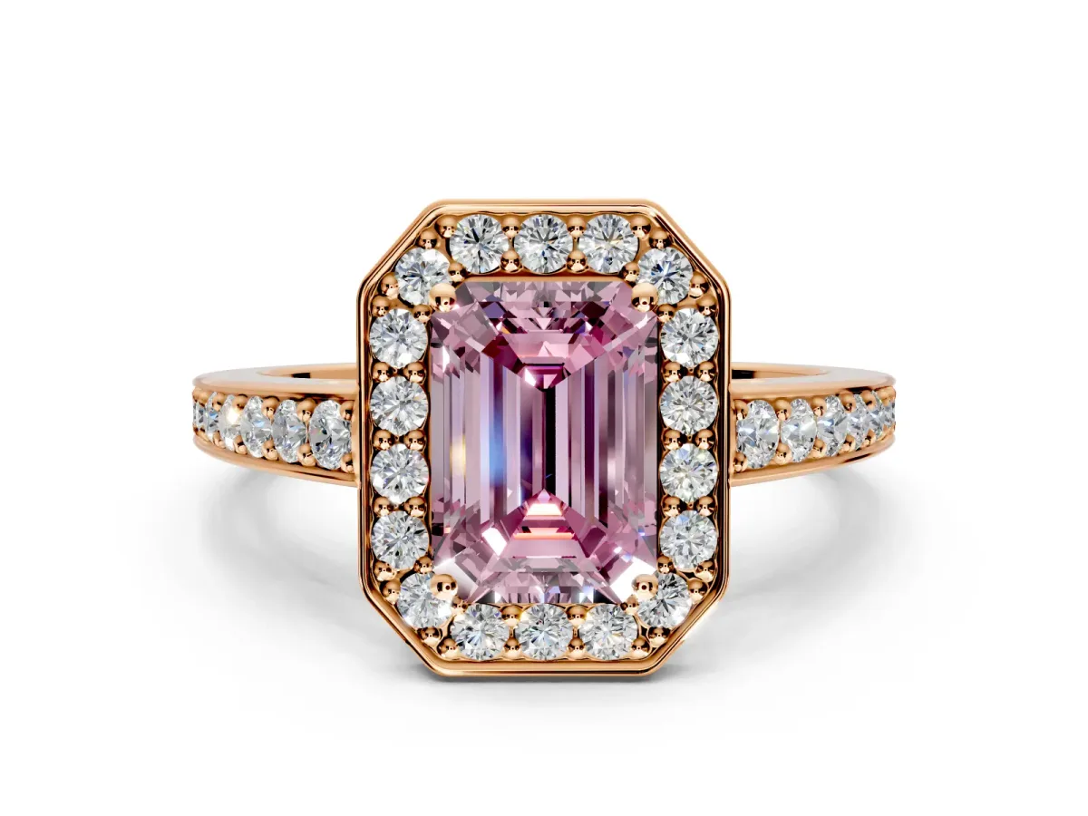 Bezel-Framed Halo Engagement Ring Setting for Fancy Pink Emerald Cut Center with Pave Band and Prong Head in Rose Gold