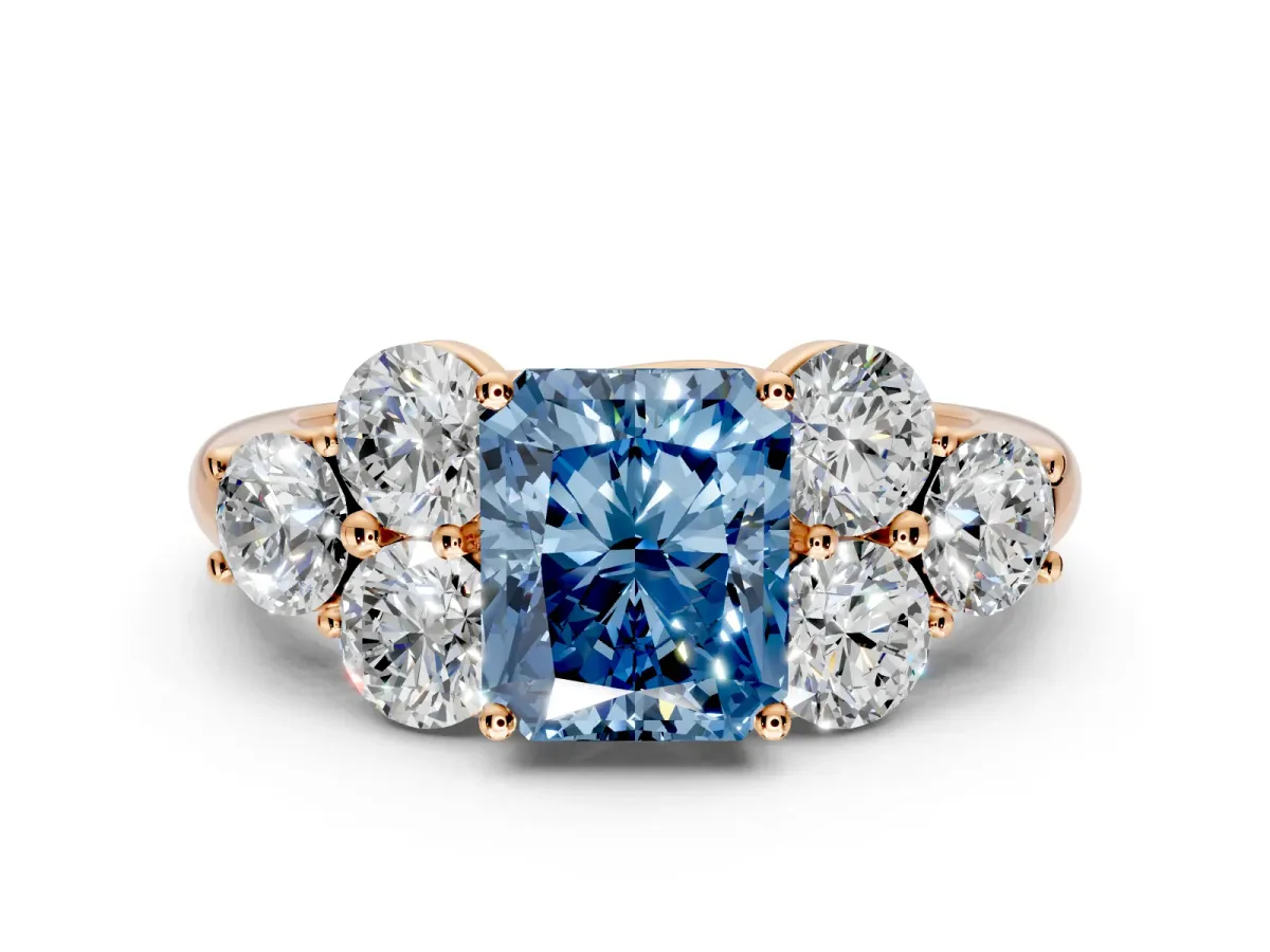 Cluster Engagement Ring Setting for Fancy Blue Radiant Cut Center with Round Cut Accent Frame and Prong Head in Rose Gold