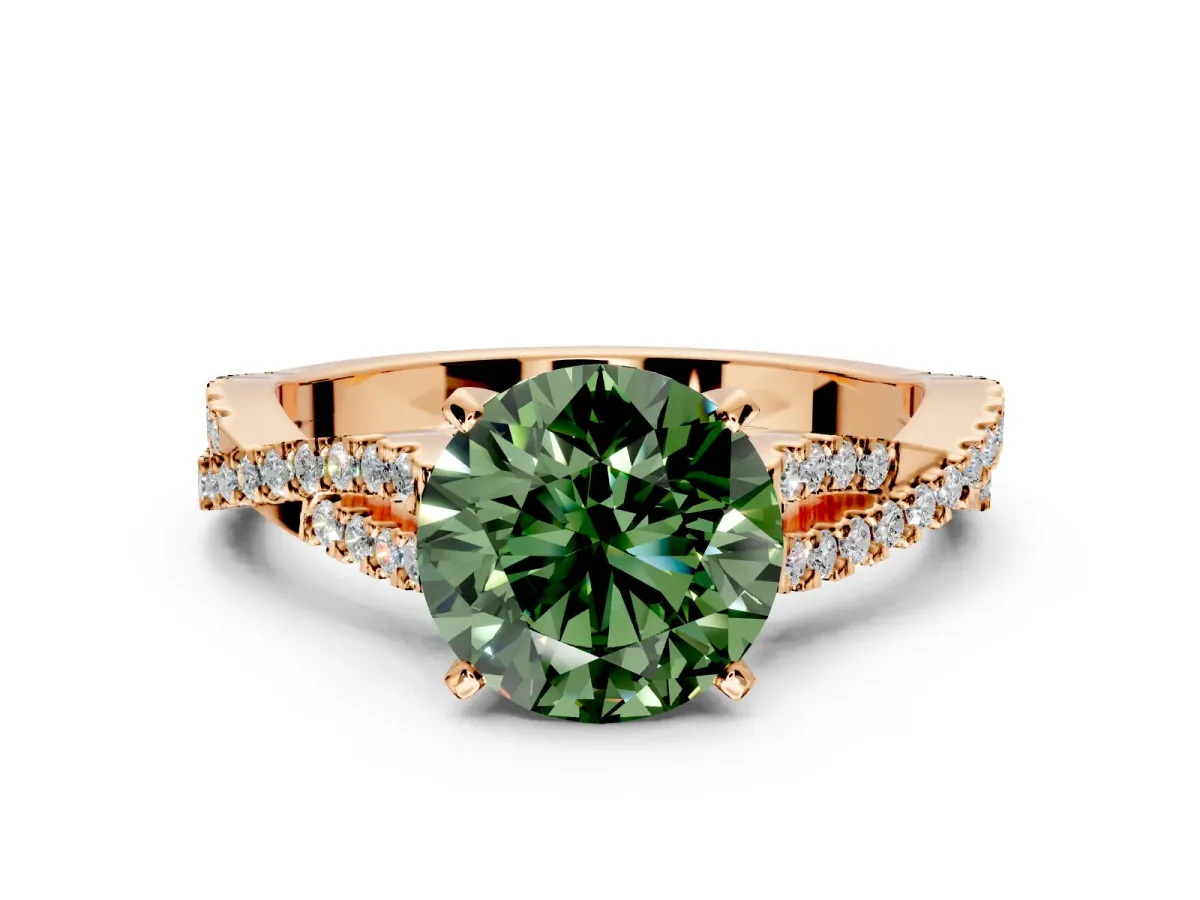 Solitaire Engagement Ring Setting for Fancy Green Round Cut Center with Twisted Pave Split Shank and Prong Head in Rose Gold