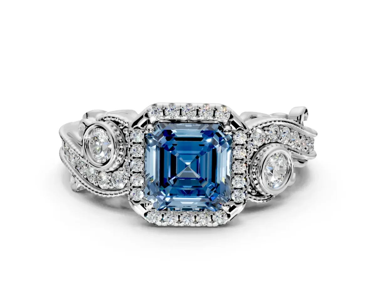 Milgrain Halo Engagement Ring Setting for Fancy Blue Asscher Cut Center with Shoulder Bezels and Prong Head in Platinum