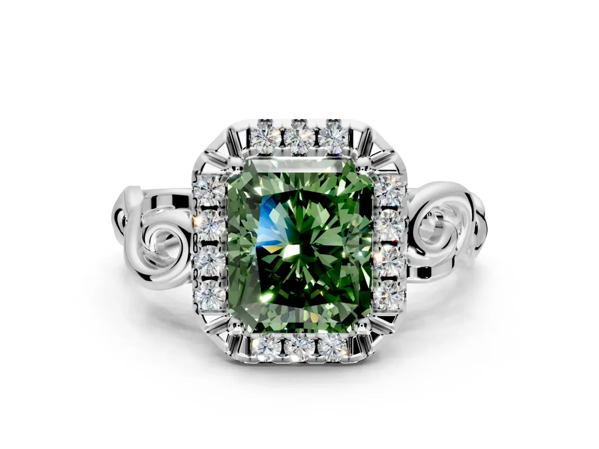 Halo Engagement Ring Setting for Fancy Green Radiant Cut Center with Open Scroll Shoulders and Prong Head in Platinum