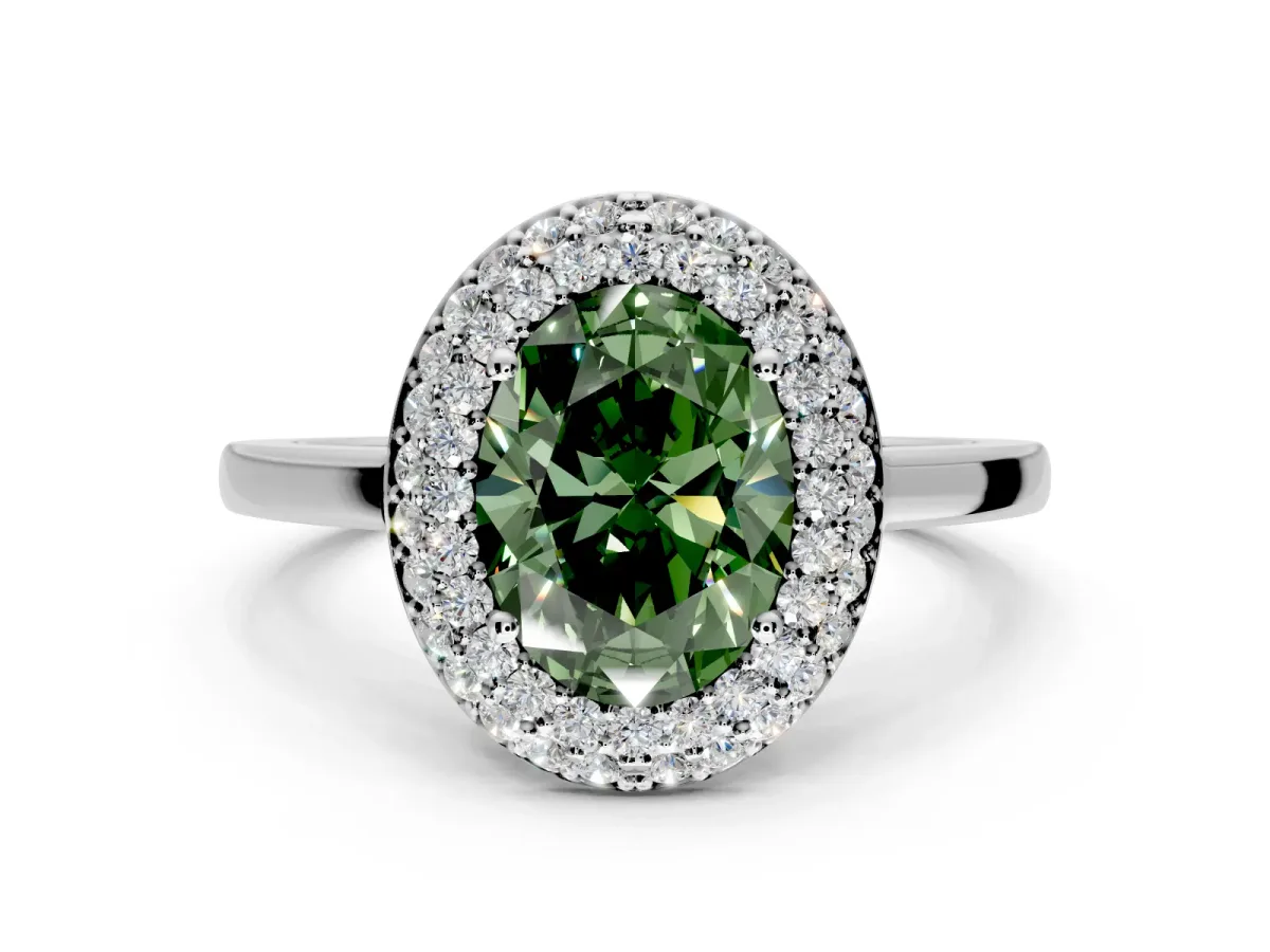 Halo Engagement Ring Setting for Fancy Green Oval Center with Plain Tapered Band and Prong Head in Platinum