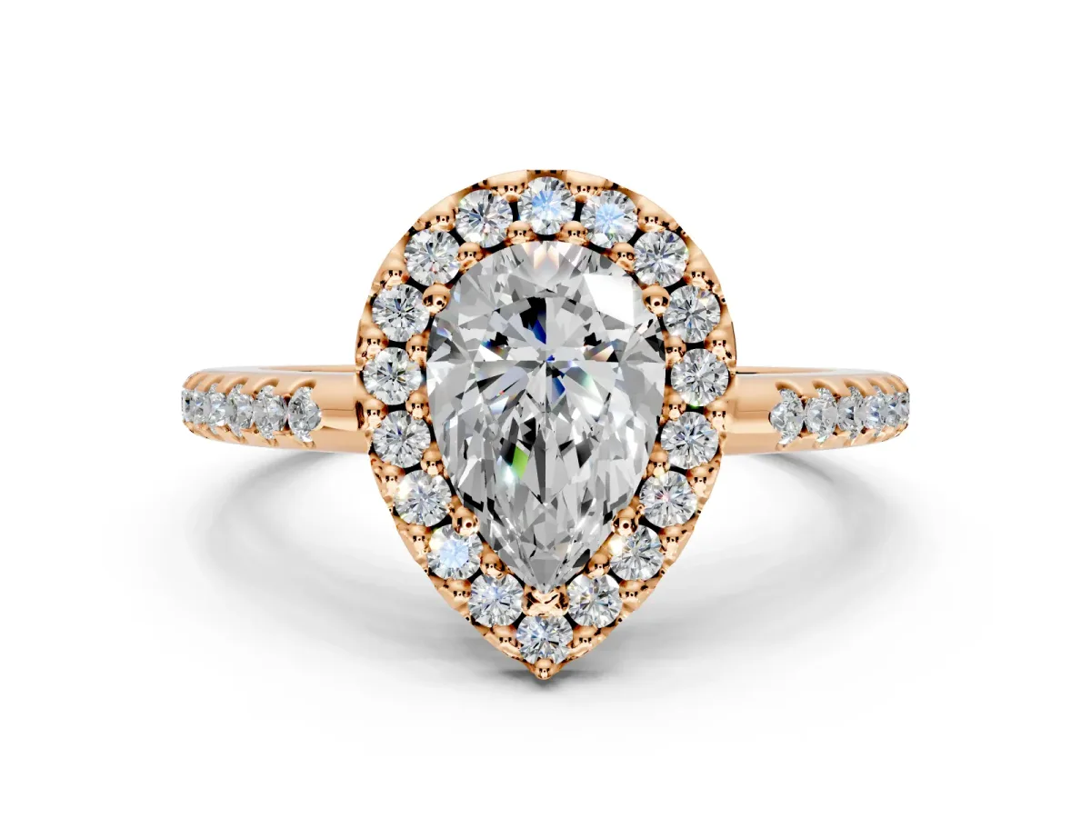 Pave Halo Engagement Ring Setting for Pear-Shaped Center with Single Row Pave Band and Prong Head in Rose Gold