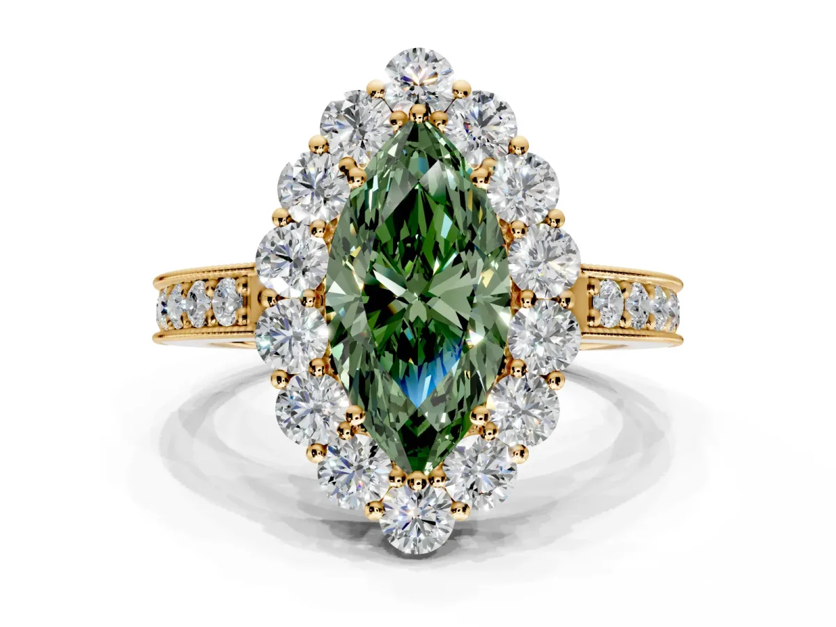 Halo Engagement Ring Setting for Fancy Green Marquise Center with Milgrain Channel Band and Prong Head in Yellow Gold