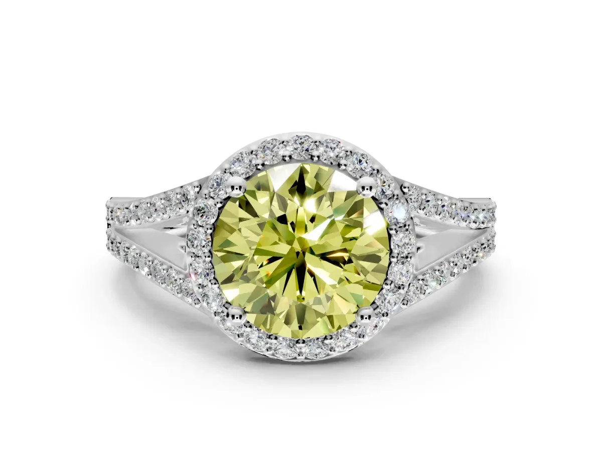 Halo Engagement Ring Setting for Fancy Yellow Round Cut Center with Pave Split Shank and Prong Head in Sterling Silver