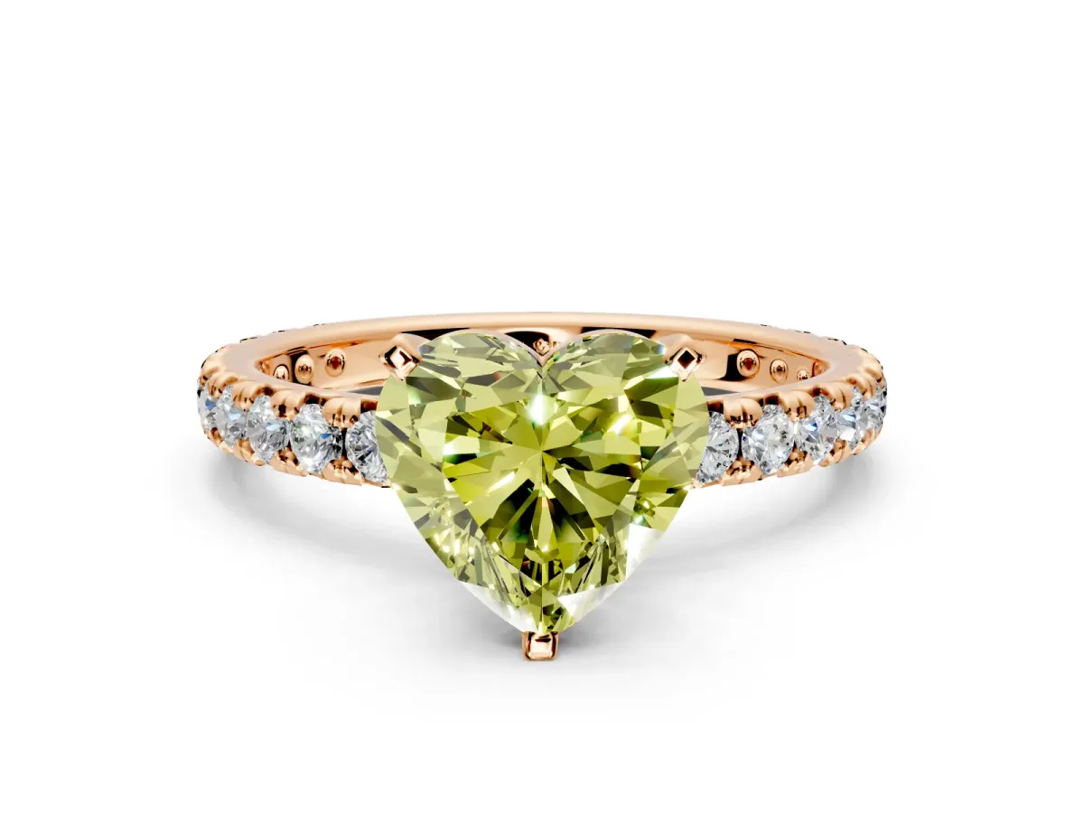 Solitaire Engagement Ring Setting for Fancy Yellow Heart-Shaped Center with Shared-Prong Accents and Prong Head in Rose Gold