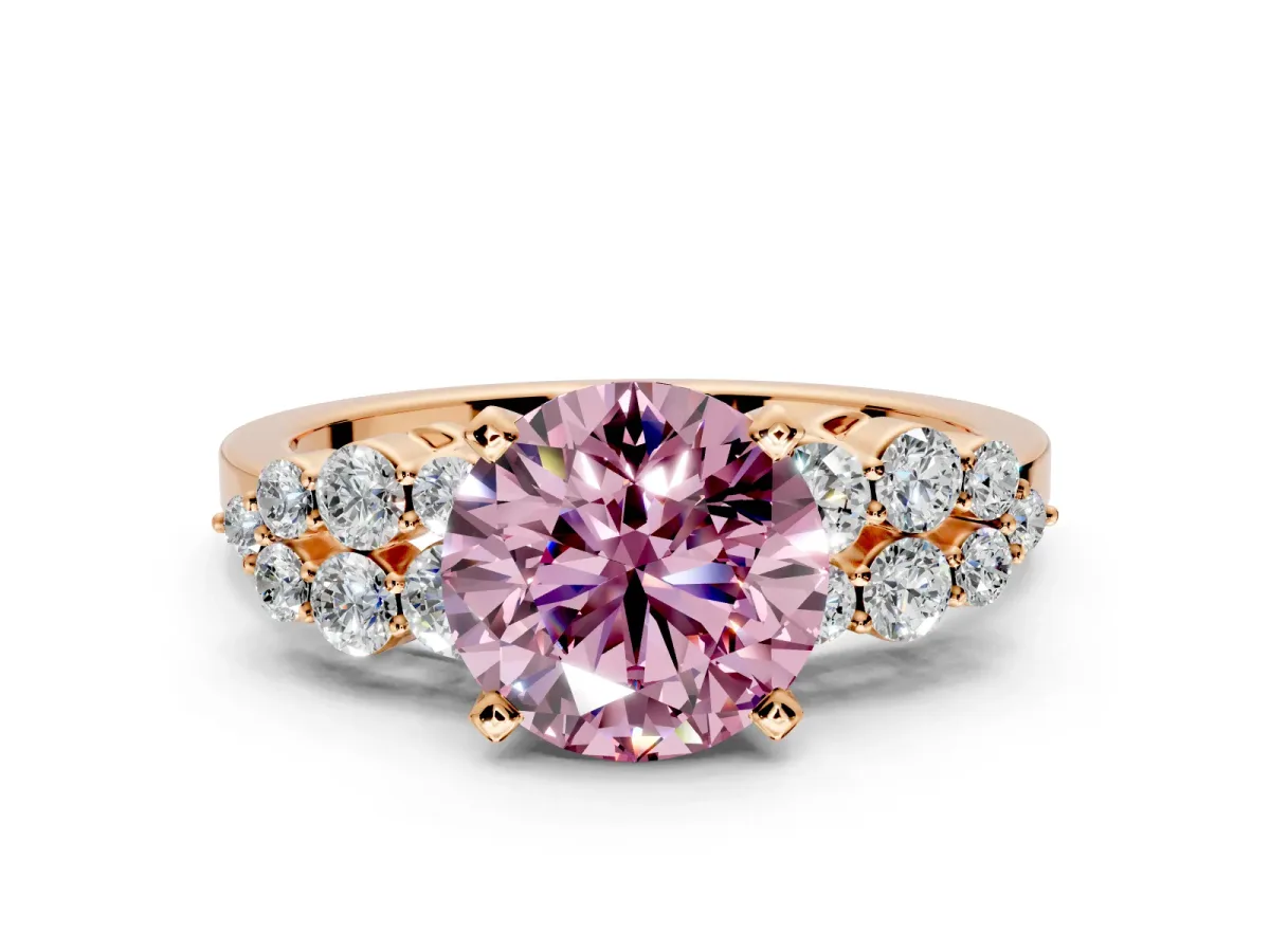 Cluster Engagement Ring Setting for Fancy Pink Round Cut Center with 2-Row Shoulder Clusters and Prong Head in Rose Gold